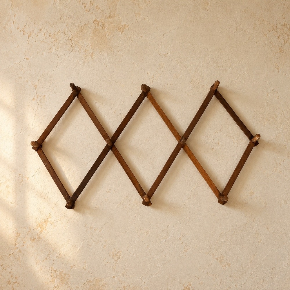 Vintage Wooden Accordion Wall Rack Expandable 10 Peg Hat Mug Rack Brown
